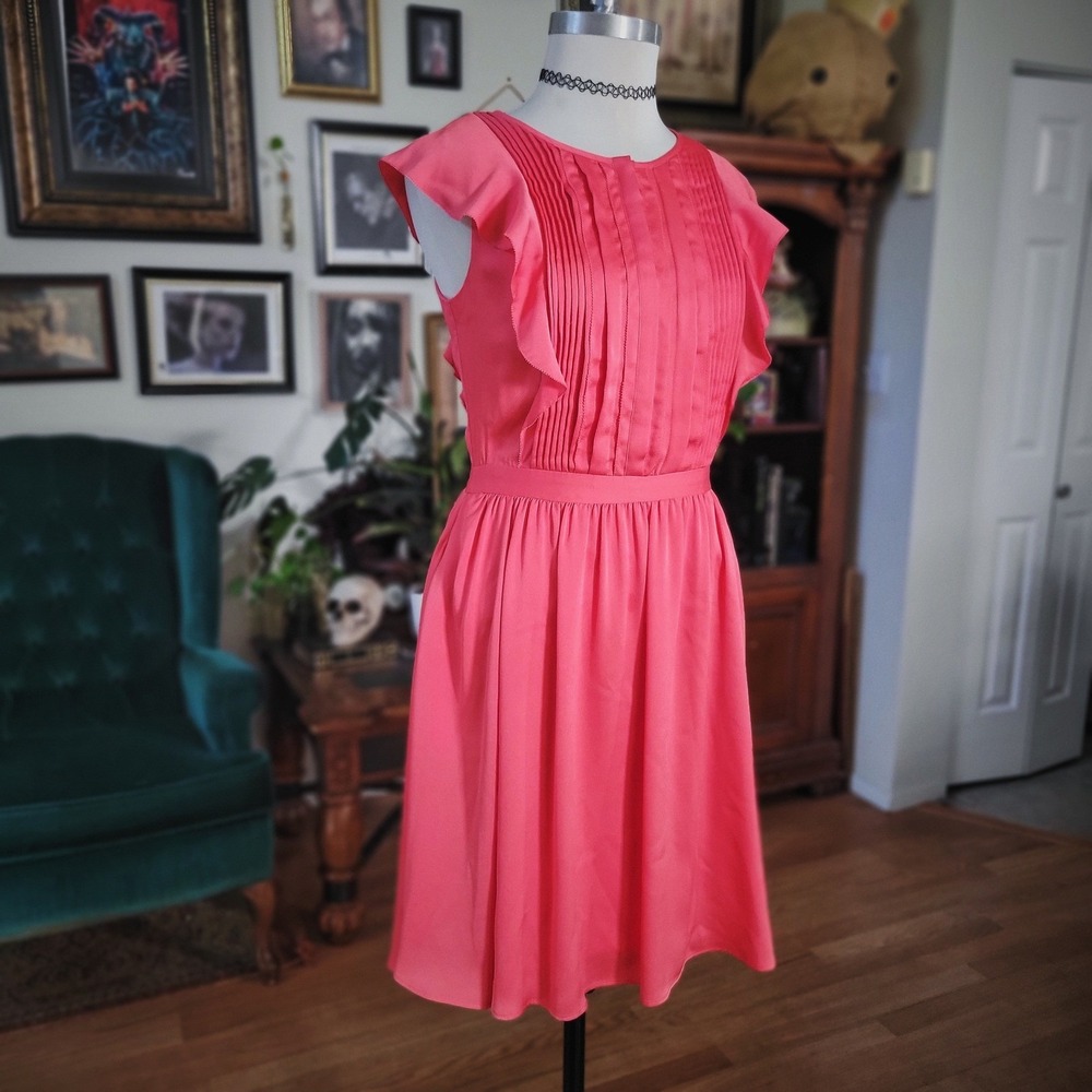 Banana Republic Pink Ruffle Sleeve Pleated Fit Flare Cocktail Party Dress Size 4